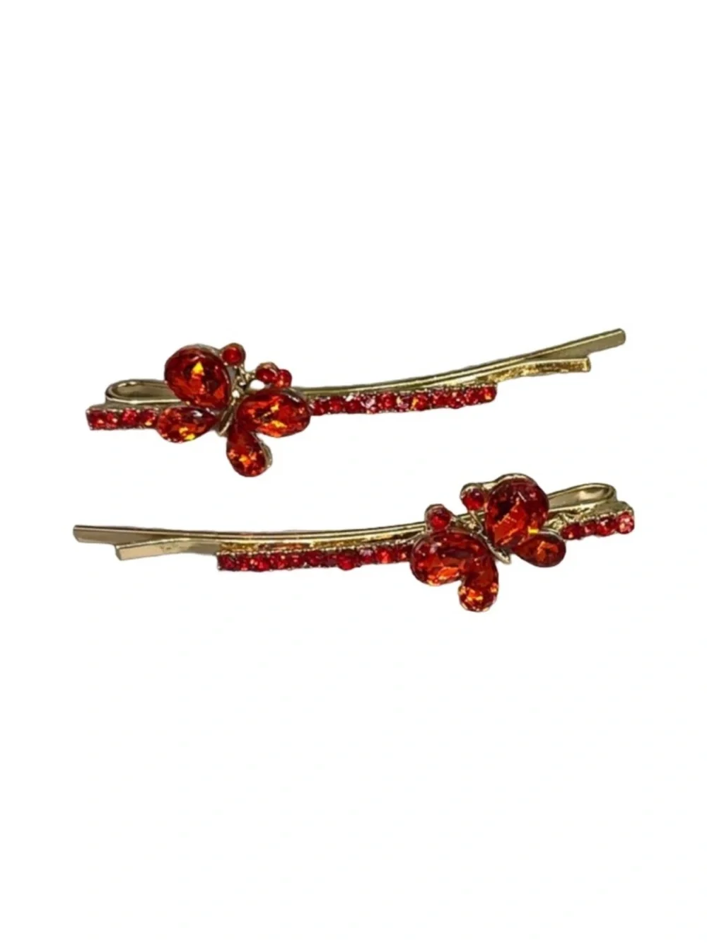 Red Crystal Butterfly Hair Clips - Gold-Tone Pair FINAL PRICE DROP